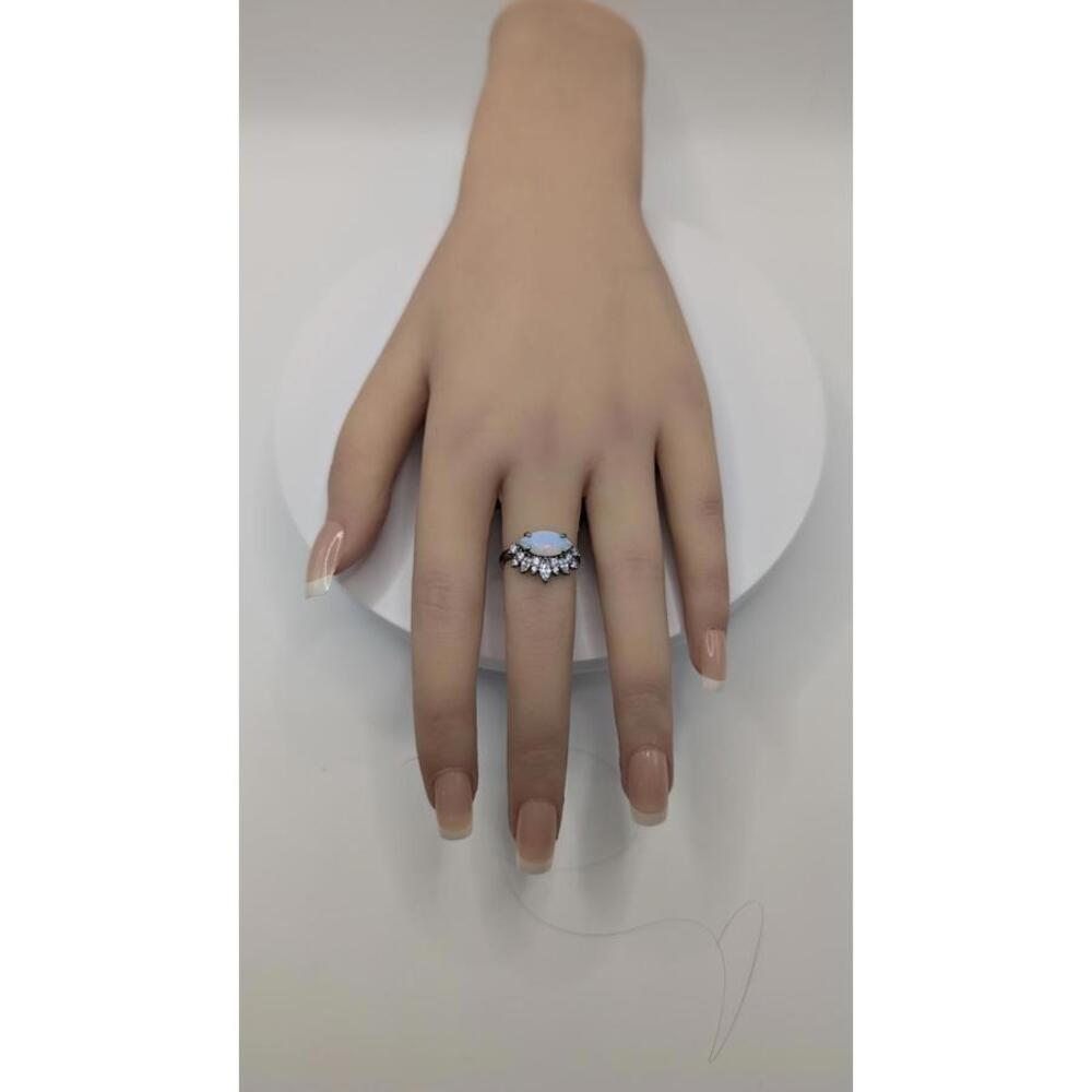 Stunning Silver Opal & CZ Ring - Size 6